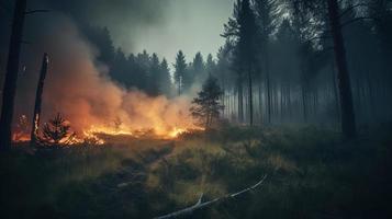 bosque fuego en el bosque. el concepto de desastre y ecología,quema seco césped y arboles en el bosque foto