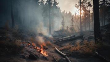 Forest fire in the forest. The concept of disaster and ecology,Burning dry grass and trees in the forest photo