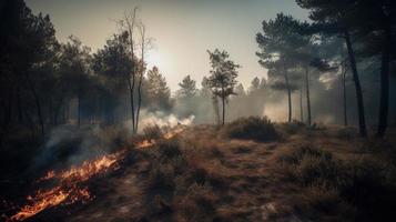 bosque fuego en el bosque. el concepto de desastre y ecología,quema seco césped y arboles en el bosque foto