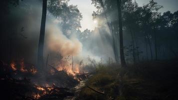 Forest fire in the forest. The concept of disaster and ecology,Burning dry grass and trees in the forest photo