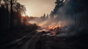 Forest fire in the forest. The concept of disaster and ecology,Burning dry grass and trees in the forest photo