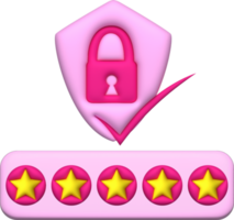 3D Star rated review for the best service rating for safety satisfaction. in the form of a shield and a padlock png