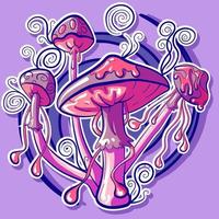 rosado y púrpura vector ilustración de LSD hongos con esporas psicodélico psilocibina hongos vector. vibrante vistoso drogas y trippy visual