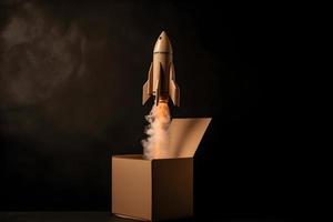 Rocket coming out of a box. Concept of start up and new business. photo