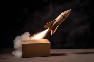 Rocket coming out of a box. Concept of start up and new business. photo