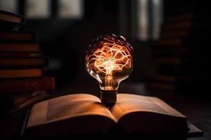 Glowing light bulb and books on dark background. Idea concept. photo
