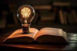 Glowing light bulb and books on dark background. Idea concept. photo