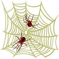 Spider web background for Halloween greeting cards on a white background. A black and red spider on a yellow cobweb hunts and weaves nets. Spiders from different sides. Dangerous spider and cobweb vector