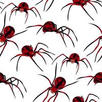 Pattern with spiders on a white background. Vector illustration of a black and red spider of different sizes with a pattern on the body. Printing on textiles and paper. Gift wrapping for Halloween