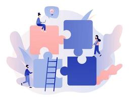 Teamwork concept. Team metaphor. People connecting puzzle elements. Modern flat cartoon style. Vector illustration