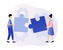 Teamwork concept. Team metaphor. People connecting puzzle elements. Modern flat cartoon style. Vector illustration