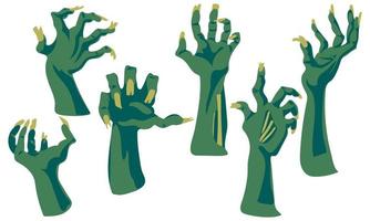 A set of zombie hands on a white background. An isolated collection of rotten blue hands with damage. Hands from the graves. Printing for Halloween party cards, T-shirts, stickers, mugs. Individual vector