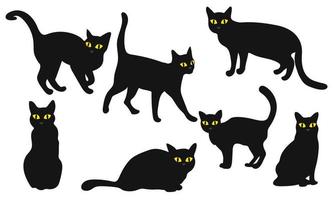 A set of black cats in different poses for Halloween. Cats in a simple black style with bright yellow eyes. A collection of elements with different emotions in a cat vector