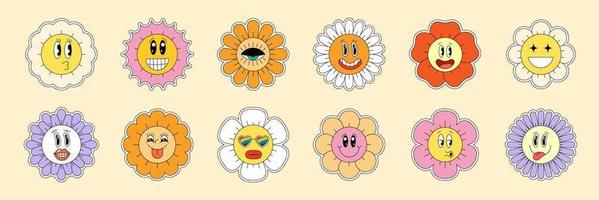 Hippie chamomile smiley characters good vibes. Funny retro daisy collection. Psychedelic flower faces in positive vintage cartoon style. Trendy groovy y2y pop sticker pack design. Vector eps elements