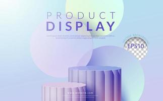 Purple 3d pedestal podium with colorful circle glass floating overlap backdrop. Minimal scene for product display stage showcase, promotion display. Vector illustration