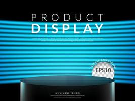 Close up empty black podium in dark scene with wall of line horizontal blue neon light on background. Vector illustration