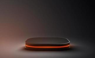 Empty podium with orange line neon on black background. 3d render. Vector illustration