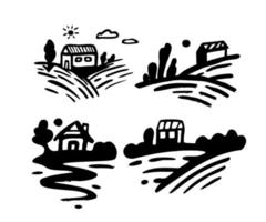 Village with fields and sun. Rural landscape with small farm and trees. Hand drawn engraving style. Doodle hand drawn logo collection, graphic design. vector