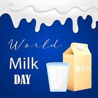 Realistic cartoon world milk day banner. Colorful plant or lactose milk vector illustration. Glass of milk, milk bottle and milk splash border on blue background.