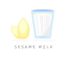 Realistic cartoon plant milk banner. Colorful sesame milk vector illustration. Glass of milk and sesame seeds label isolated on white background.