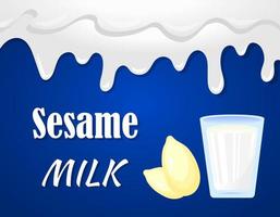 Realistic cartoon plant milk banner. Colorful sesame milk vector illustration. Glass of milk, sesame seeds and milk splash border on blue background.