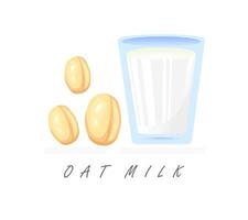 Realistic cartoon plant milk banner. Colorful oat milk vector illustration. Glass of milk and oat grains label isolated on white background.