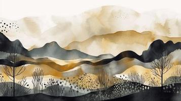 Mountain background. Minimal landscape art with watercolor brush. Abstract art wallpaper. photo