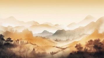 Mountain background. Minimal landscape art with watercolor brush. Abstract art wallpaper. photo