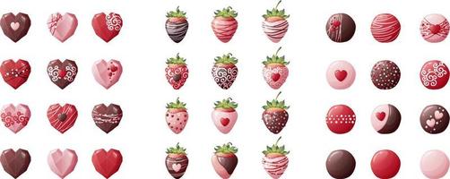 Set of strawberries in chocolate glaze, eart shaped chocolate candy on an isolated background. Sweets for Valentine s Day with delicious icing and decorations. Vector icons, stickers.