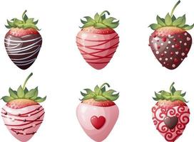 Set of strawberries in chocolate with decoration on an isolated background. Romance, valentine s day, sweet dessert. Vector illustration.