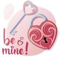 Greeting card for Valentine s day. Banner with heart shaped lock and key. Be mine. Romance, congratulations, recognition. vector