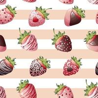 Seamless texture with chocolate covered strawberries on a striped background. Romance, valentines day, sweet gift. Suitable for wrapping paper, textile, wallpaper. vector