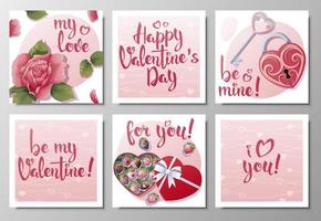 Set of square greeting cards for Valentine s day. A rose, a box of chocolate-covered strawberries, a heart-shaped lock. Poster, banner, flyer with handwritten congratulations vector