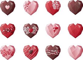 Heart shaped chocolate candy set on an isolated background. Sweets for Valentine s Day with delicious icing and decorations. Vector icons, stickers,