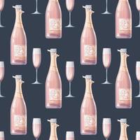 Seamless pattern with champagne bottle and glass. Rose sparkling wine. Texture with alcoholic drink. Suitable for fabric, wallpaper, paper. vector