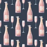 Seamless pattern with champagne bottle and glass. Rose sparkling wine. Texture with alcoholic drink. Suitable for fabric, wallpaper, paper. vector