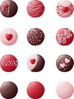 Set of chocolate sweets on an isolated background. Sweets for Valentine s Day with delicious icing and decorations. Vector icons, stickers.