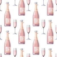 Seamless pattern with champagne bottle and glass. Rose sparkling wine. Texture with alcoholic drink. Suitable for fabric, wallpaper, paper. vector