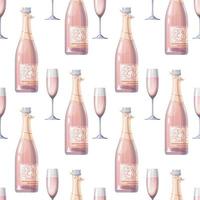 Seamless pattern with champagne bottle and glass. Rose sparkling wine. Texture with alcoholic drink. Suitable for fabric, wallpaper, paper. vector