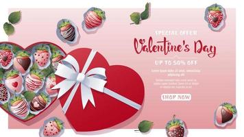 Banner, poster with strawberries in chocolate in a heart shaped box. beautiful gift. Romantic background, flyer template for valentine s day vector