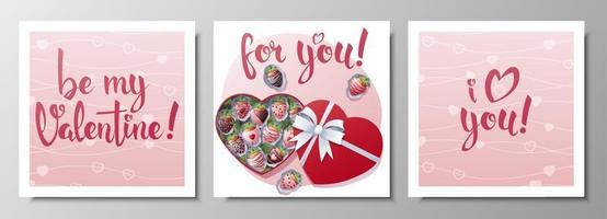 Set of square greeting cards for Valentine s day. A box of chocolate-covered strawberries. Poster, banner, flyer with handwritten congratulations. vector