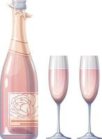 Pink champagne with glasses for valentine s day on a white background. Holiday, romance. Bottle of sparkling wine. Vector illustration