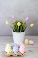 Easter composition with Easter eggs and grass on a gray background photo