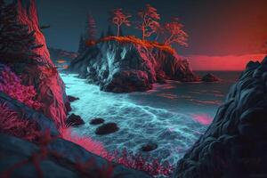 Fantasy sea coast, neon colors. . photo