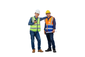 Engineer and foreman worker checking project at building site, Engineer and builders in hardhats discussing on construction site png