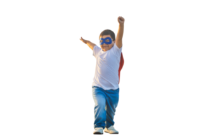 Portrait of adorable kid boy having fun outdoor. Little child play superhero png