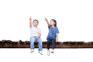 Children sitting on wooden bridge, Happy kids boy and girl having fun outdoor, brother and sister playing outdoors png