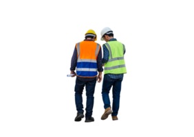 Engineer and foreman worker checking project at building site, Engineer and builders in hardhats discussing on construction site png