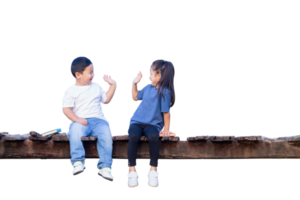 bambini seduta su di legno ponte, contento bambini ragazzo e ragazza avendo divertimento all'aperto, fratello e sorella giocando all'aperto png