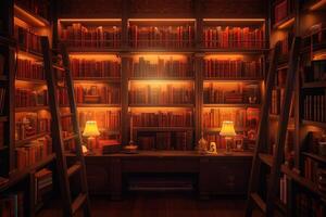 Library bookshelfes background in warm colors. . photo